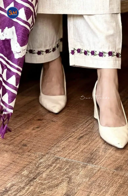 Cotton Embroidered Suit Set with Purple Dupatta - Off White