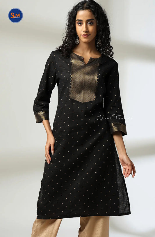 Cotton Woven Straight Kurta - Black