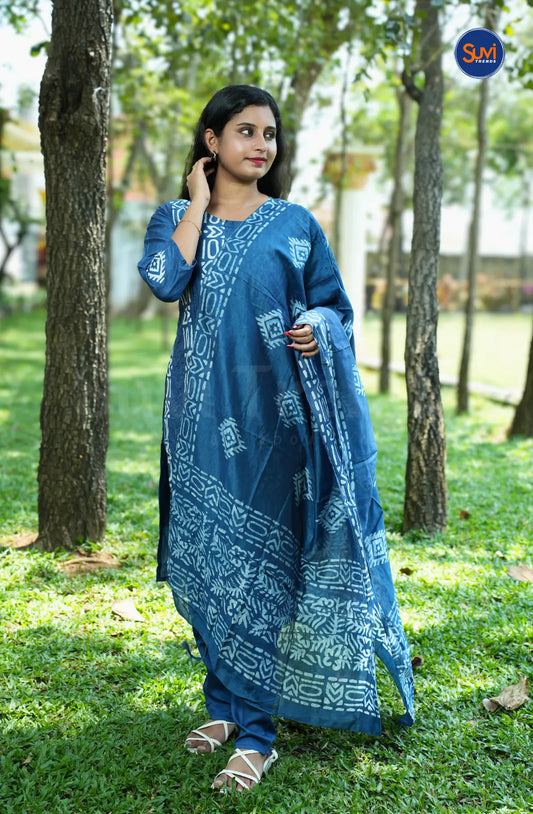 Cotton Printed Suit Set with Dupatta - Blue