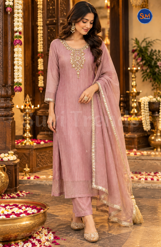 Elegant Embroidery Suit Set - Light Lavender