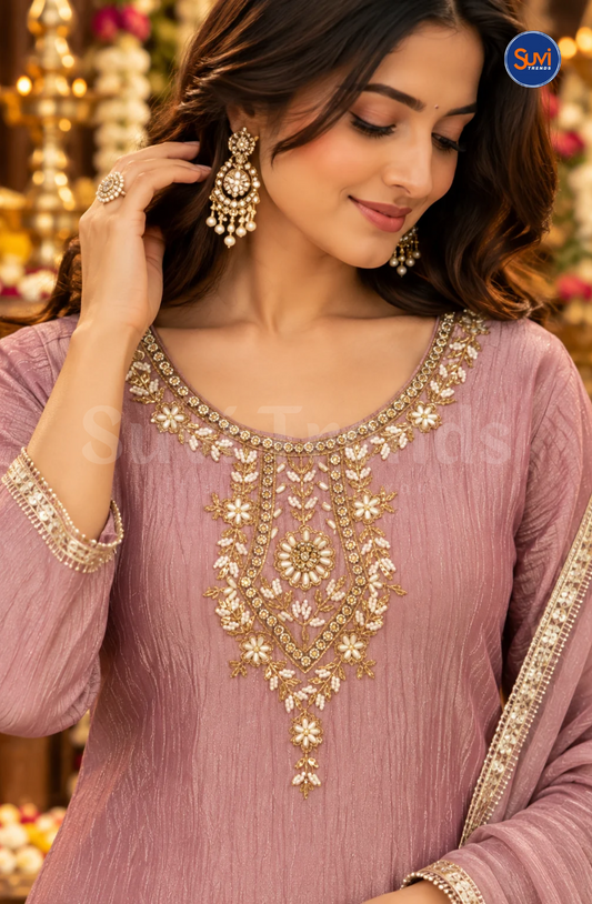 Elegant Embroidery Suit Set - Light Lavender