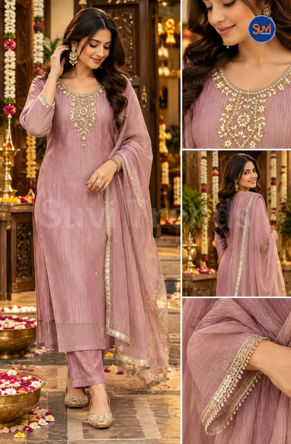 Elegant Embroidery Suit Set - Light Lavender