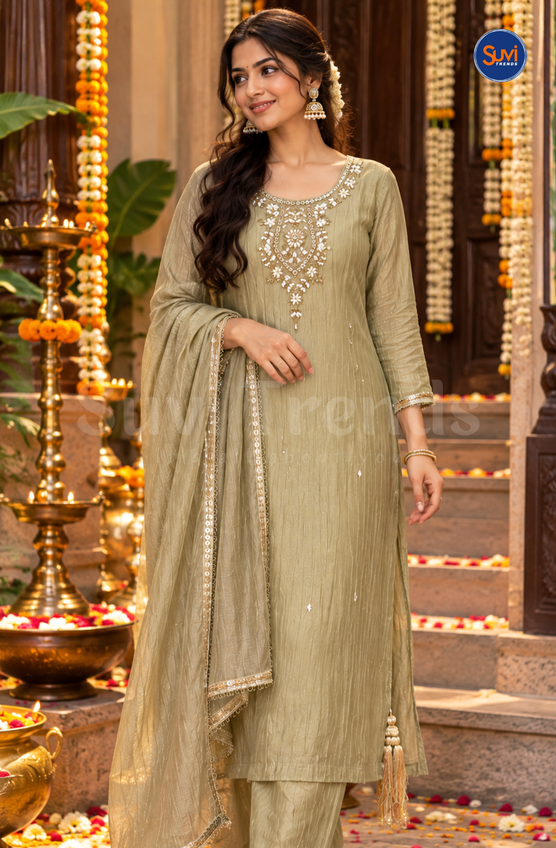 Elegant Embroidery Suit Set - Olive Gold