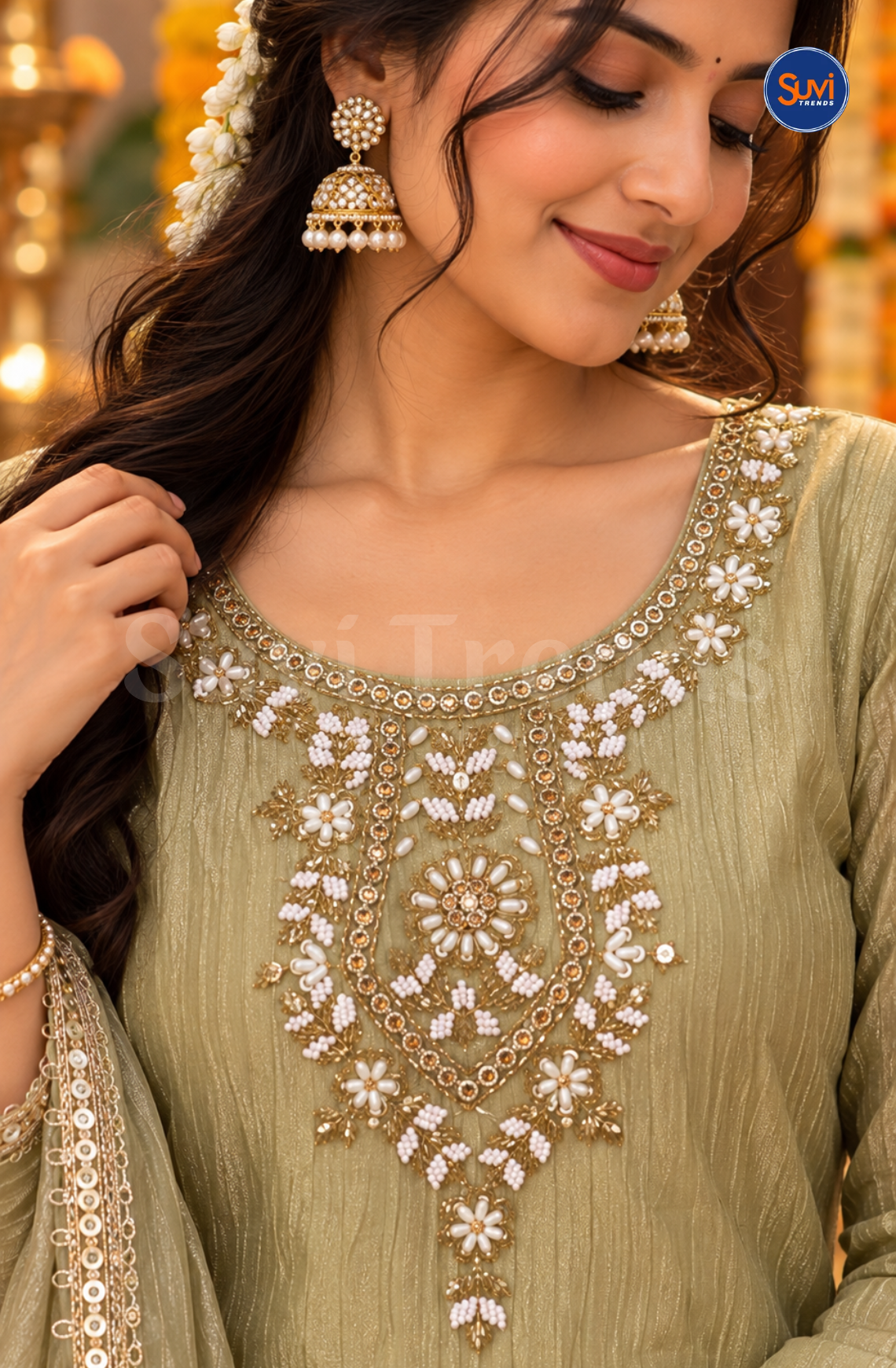 Elegant Embroidery Suit Set - Olive Gold