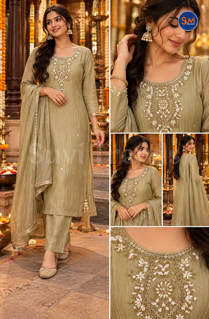 Elegant Embroidery Suit Set - Olive Gold