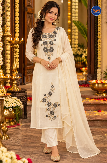 Elegant Floral Embroidery Suit Set - White