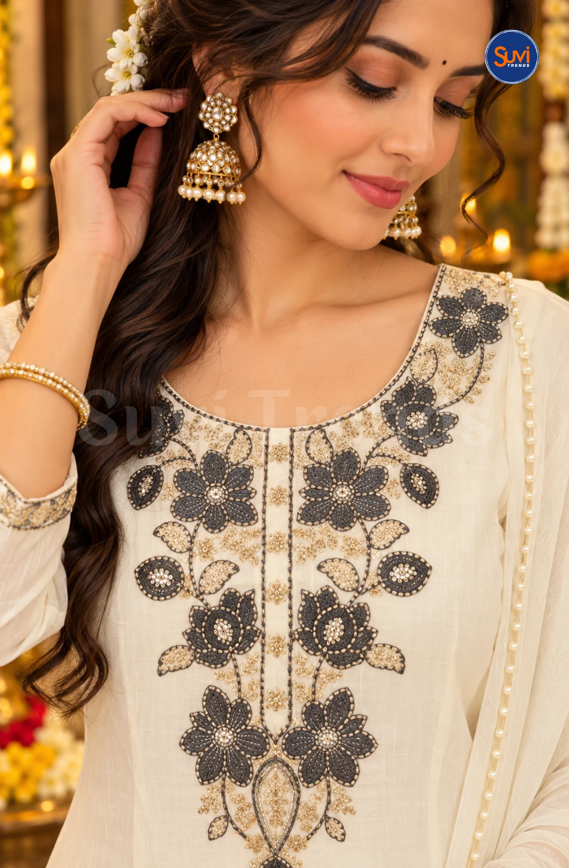 Elegant Floral Embroidery Suit Set - White