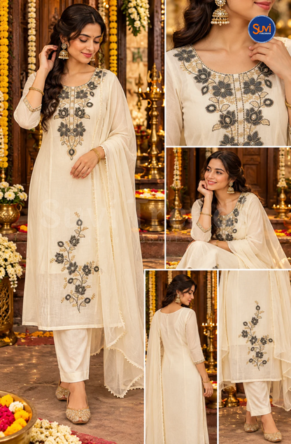 Elegant Floral Embroidery Suit Set - White
