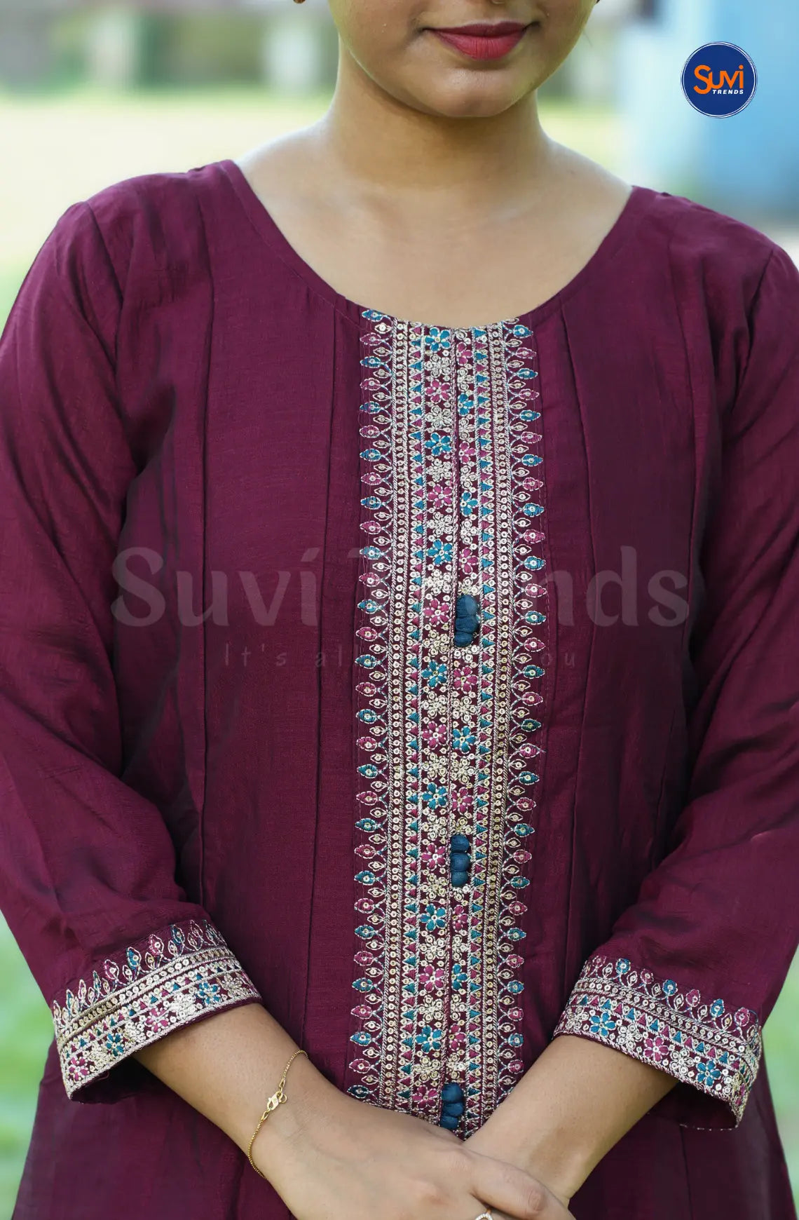 Embellished 3 Piece Silk Suit Set with Front Slit - Wine