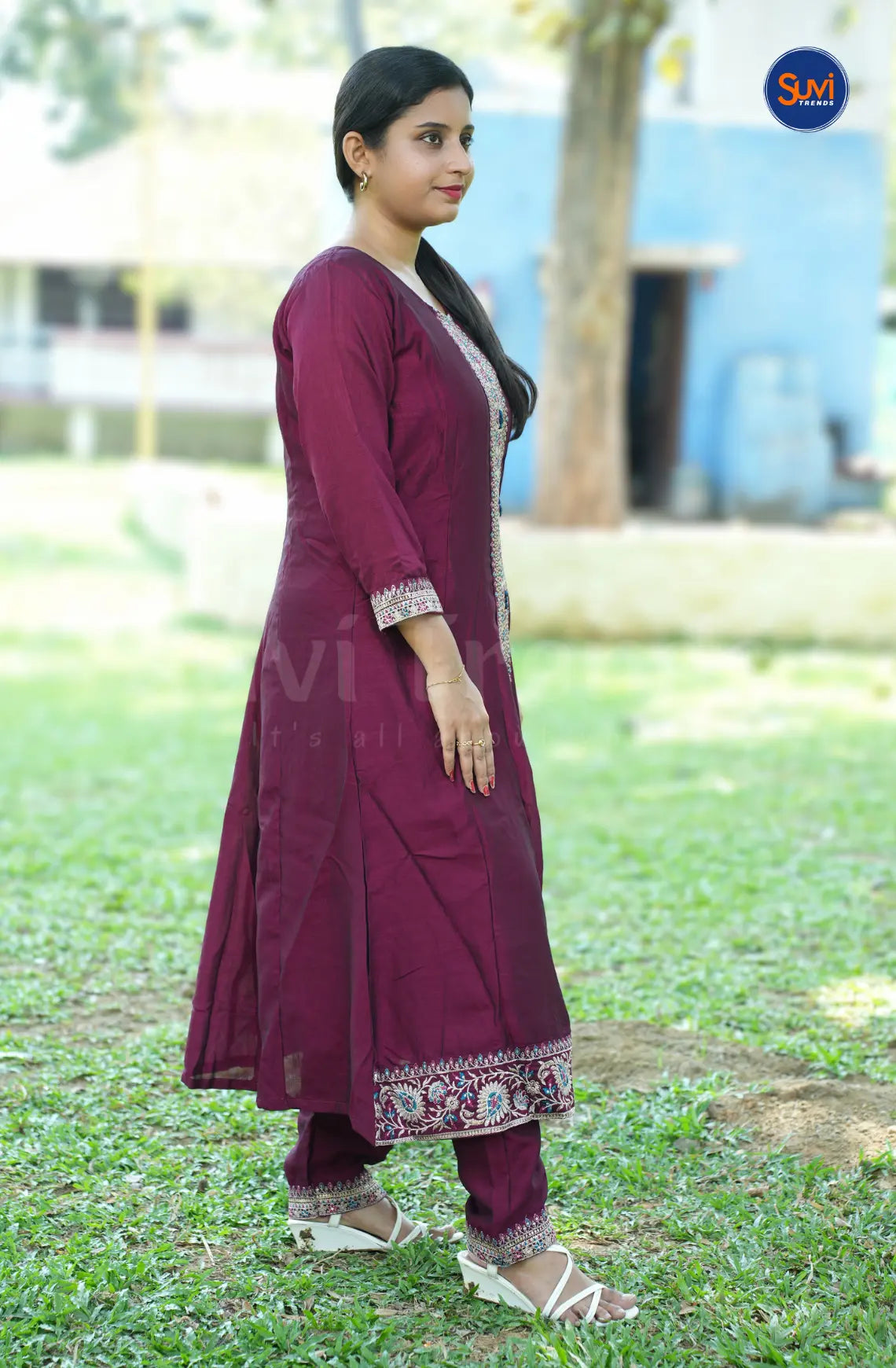 Embellished 3 Piece Silk Suit Set with Front Slit - Wine