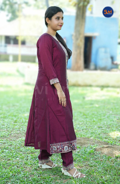 Embellished 3 Piece Silk Suit Set with Front Slit - Wine