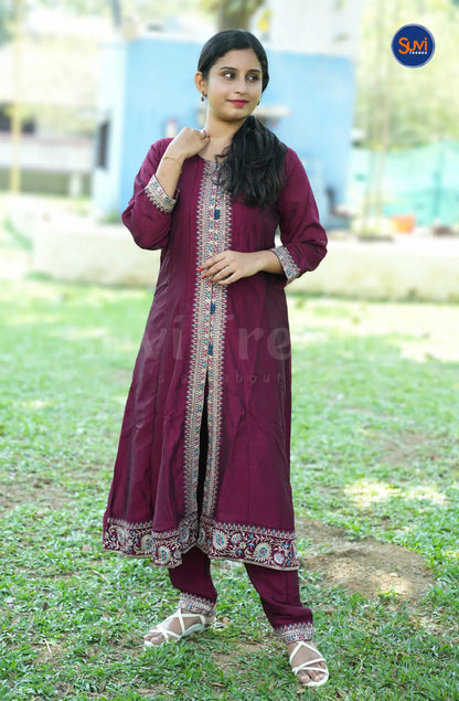Embellished 3 Piece Silk Suit Set with Front Slit - Wine