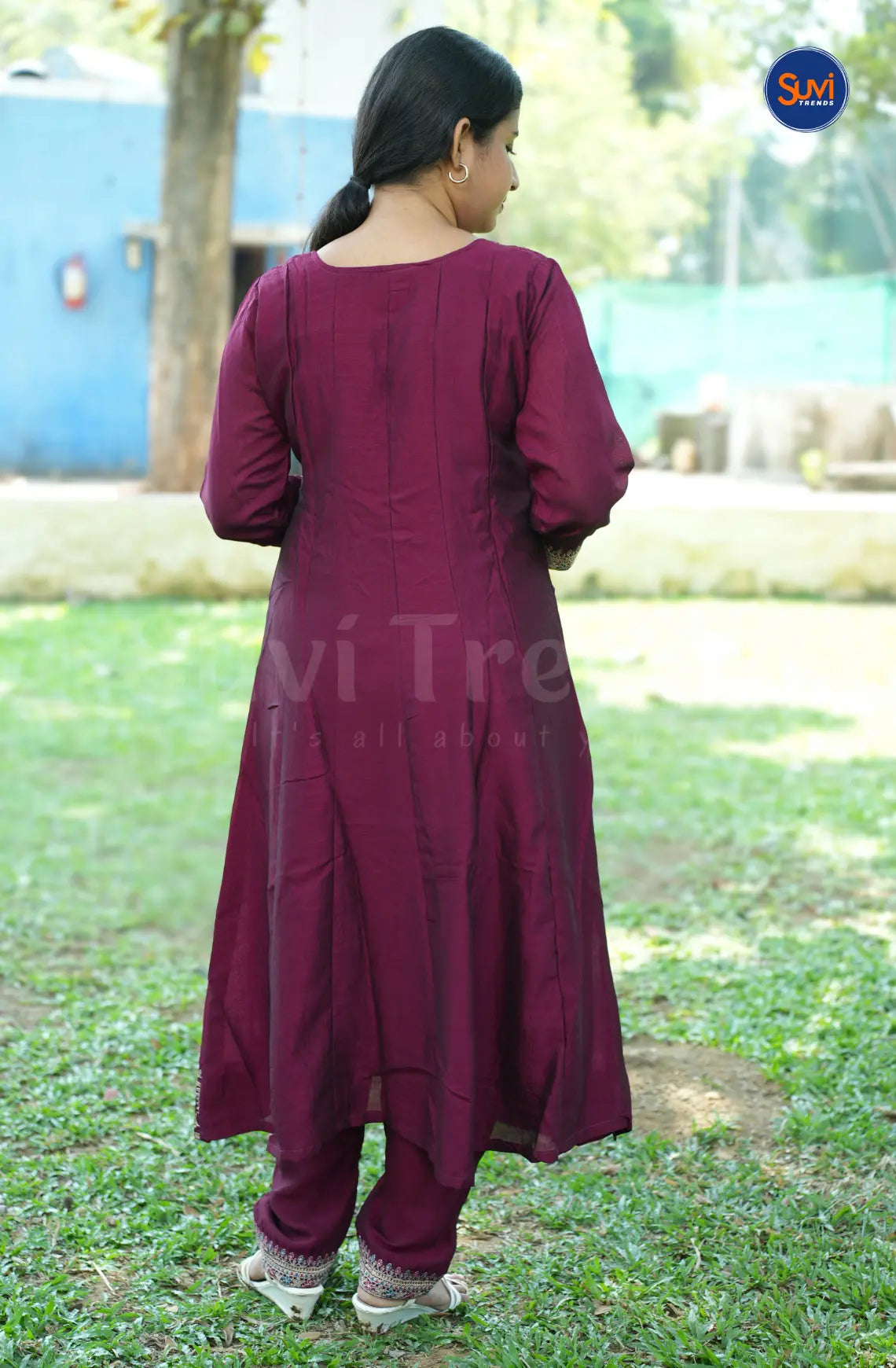 Embellished 3 Piece Silk Suit Set with Front Slit - Wine