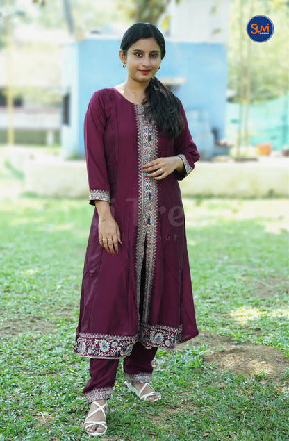 Embellished 3 Piece Silk Suit Set with Front Slit - Wine
