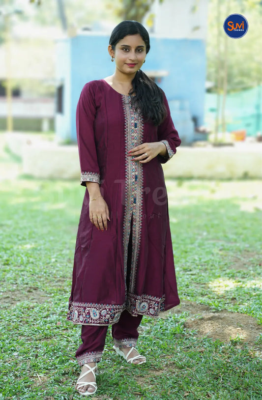 Embellished 3 Piece Silk Suit Set with Front Slit - Wine