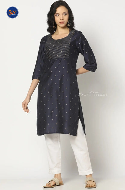 Embroidered Straight Kurta with All Over Butta - Navy Blue