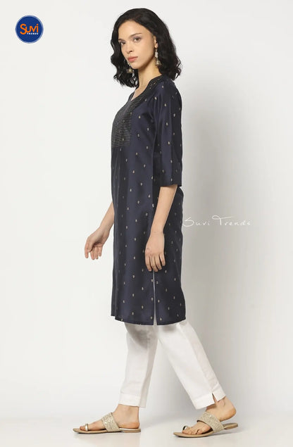 Embroidered Straight Kurta with All Over Butta - Navy Blue