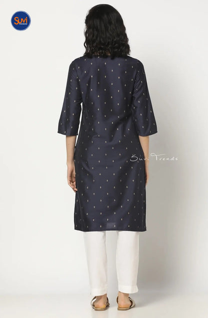 Embroidered Straight Kurta with All Over Butta - Navy Blue
