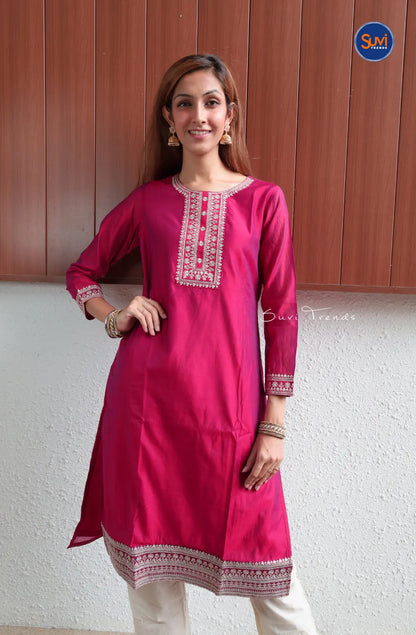 Embroidered Art Silk Kurta - Rose Pink