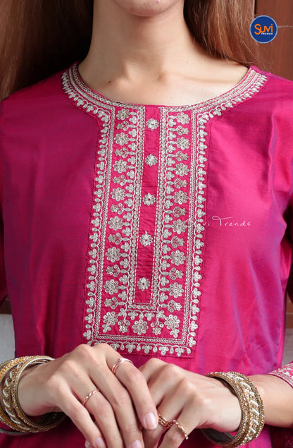 Embroidered Art Silk Kurta - Rose Pink