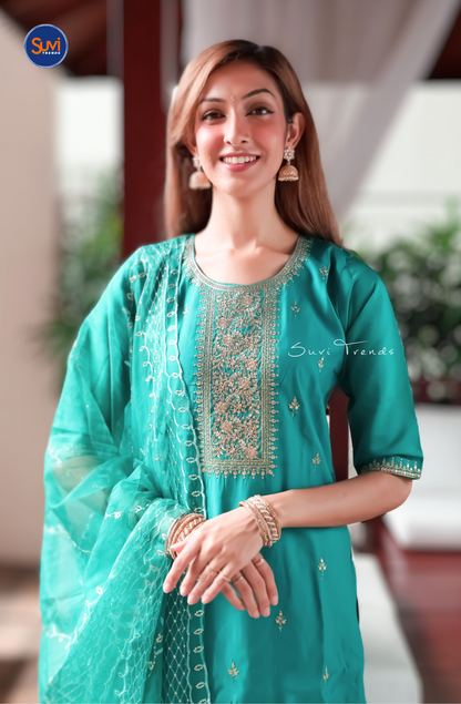 Embroidered Suit Set with Butta Work - Turquoise