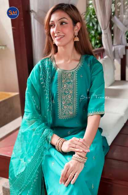 Embroidered Suit Set with Butta Work - Turquoise