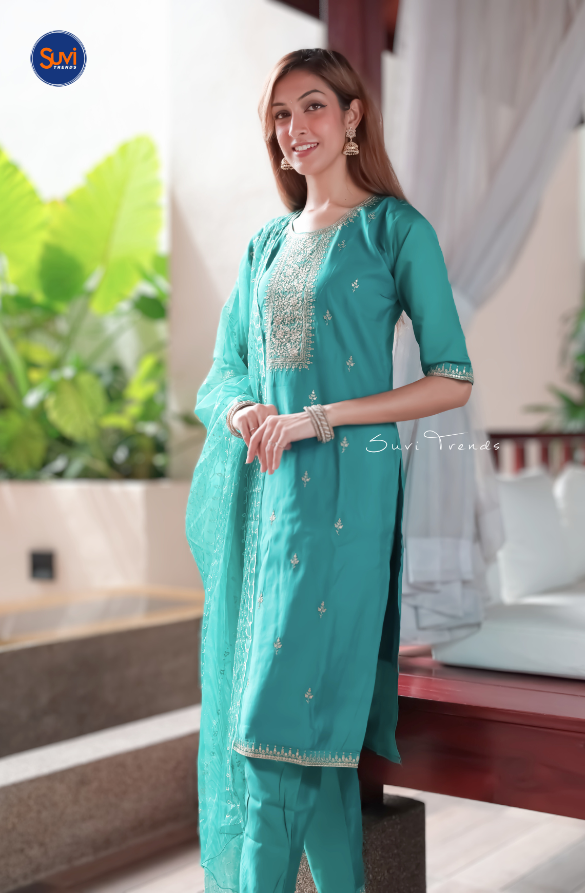 Embroidered Suit Set with Butta Work - Turquoise
