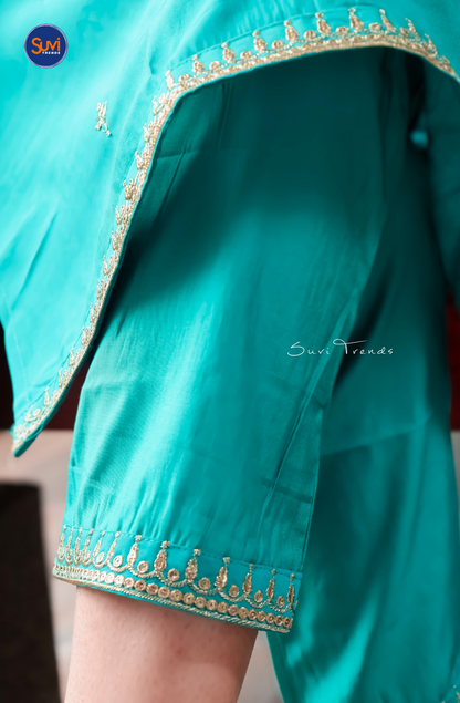 Embroidered Suit Set with Butta Work - Turquoise