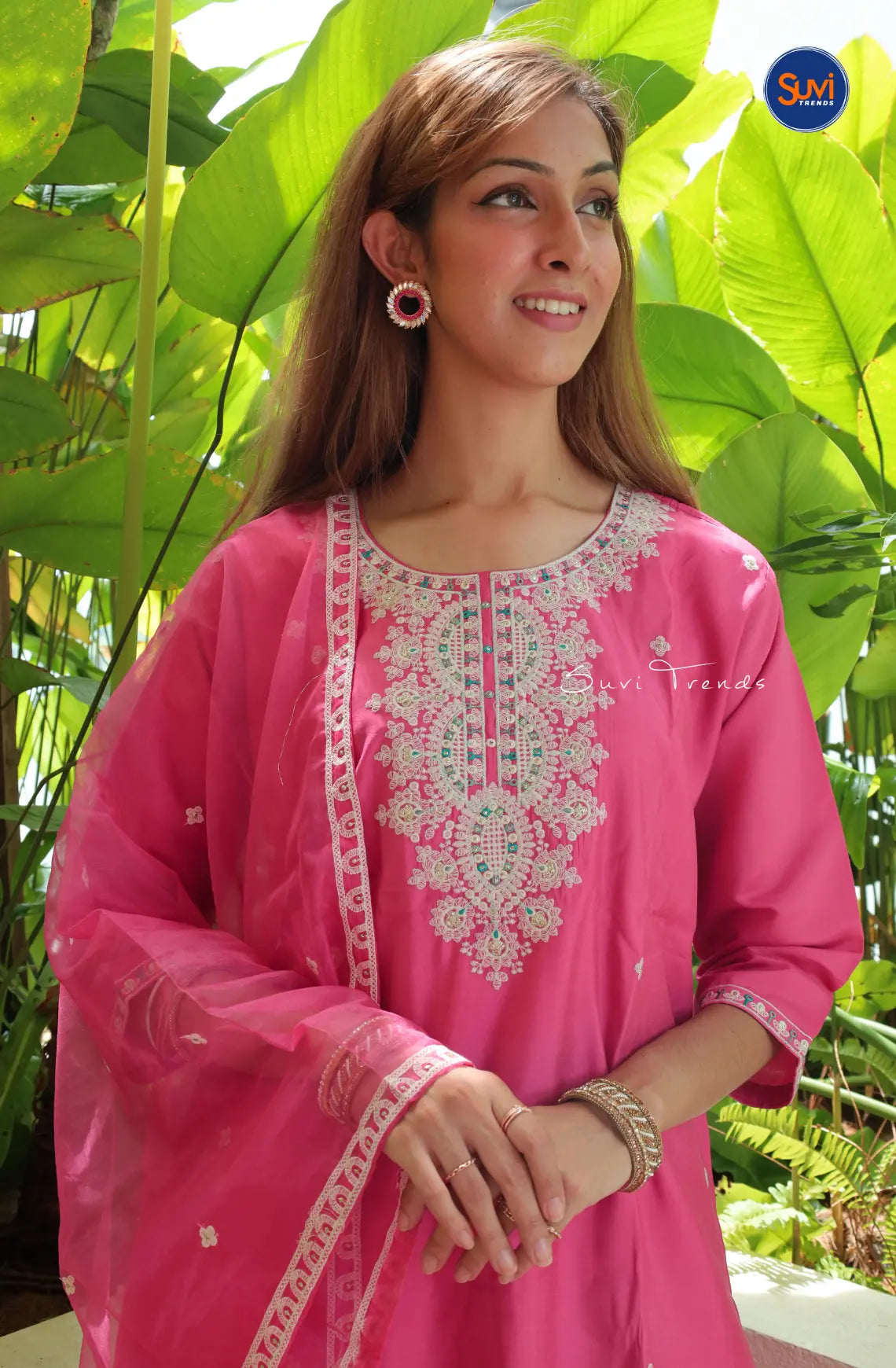 Embroidered Suit Set with Butta Work - Pink