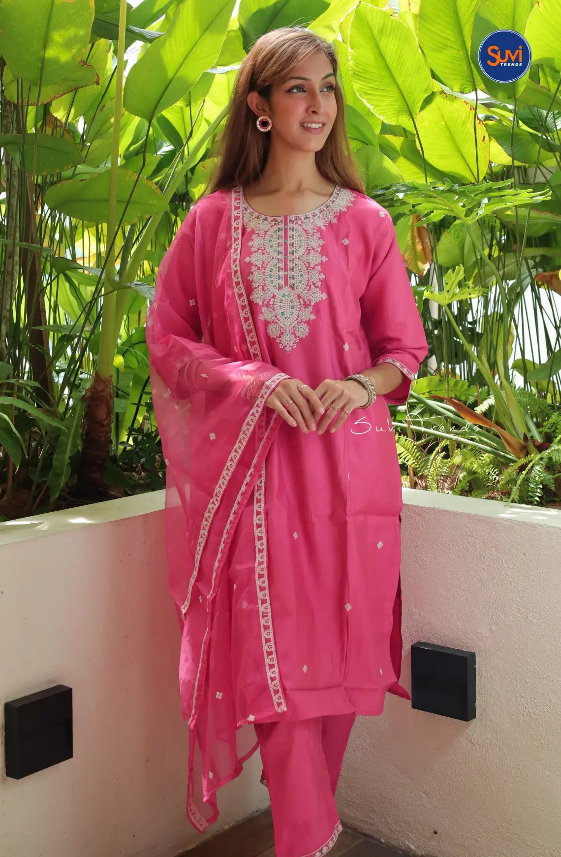 Embroidered Suit Set with Butta Work - Pink