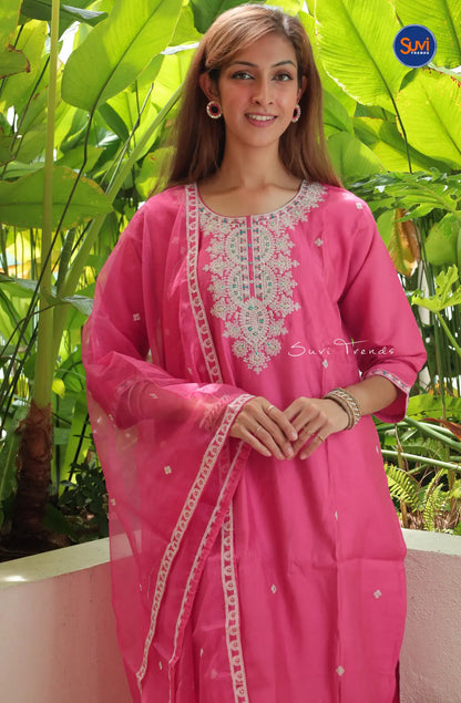 Embroidered Suit Set with Butta Work - Pink