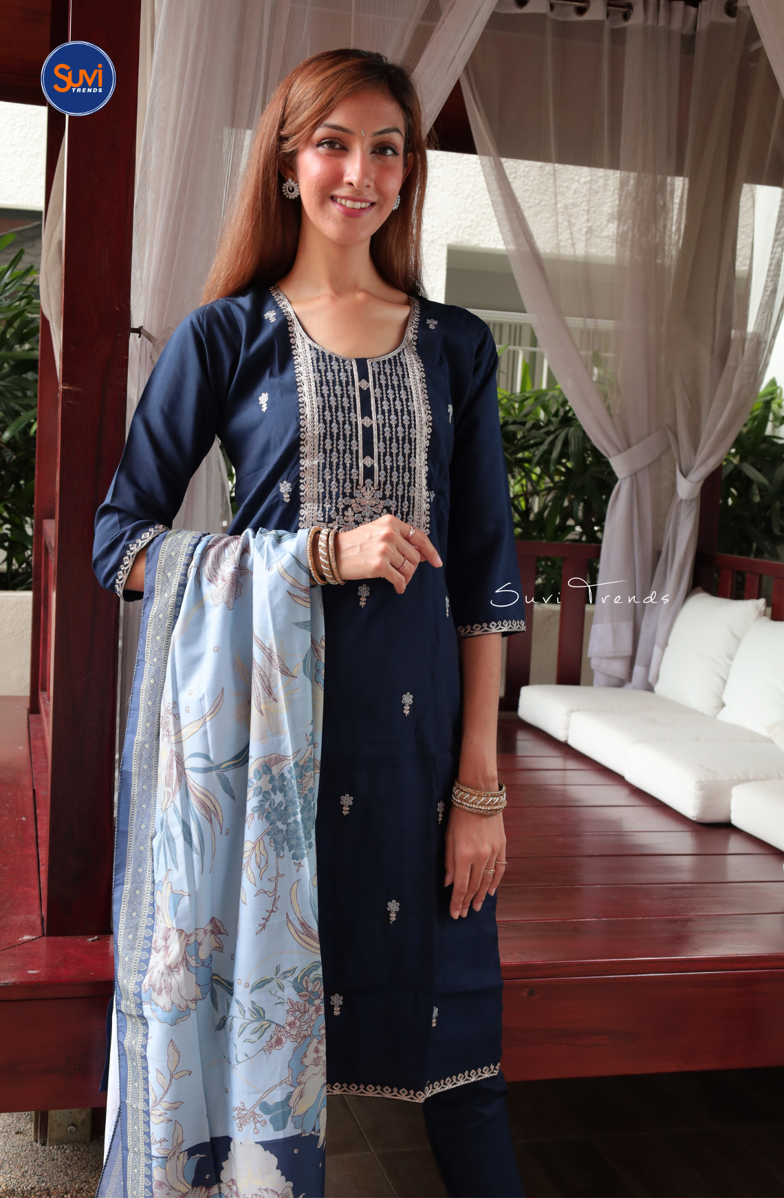 Embroidered Suit Set with Butta Work - Navy Blue
