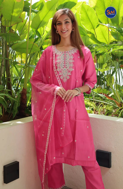 Embroidered Suit Set with Butta Work - Pink