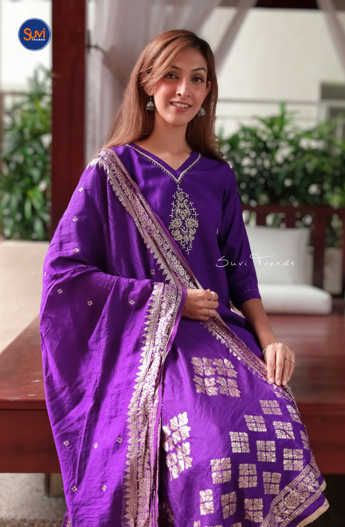 Embroidered Suit Set with Bead Work - Purple