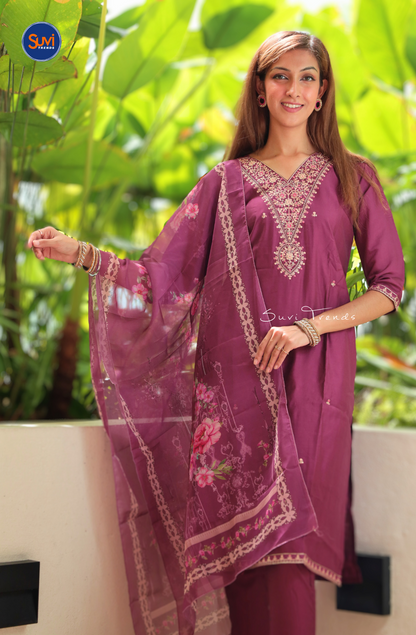Embroidered Suit Set with Organza Dupatta - Wine