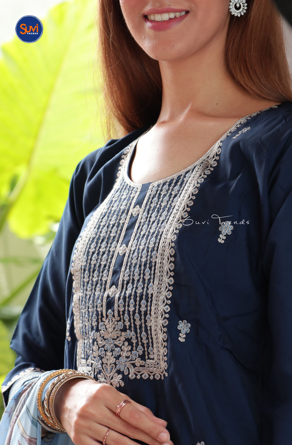 Embroidered Suit Set with Butta Work - Navy Blue