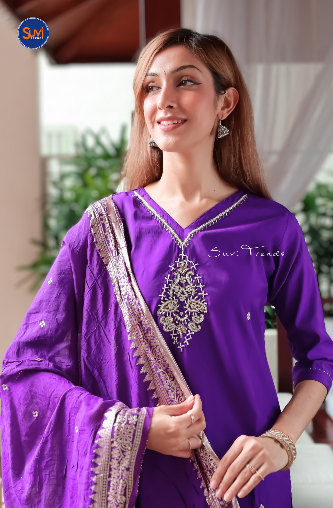 Embroidered Suit Set with Bead Work - Purple