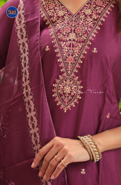 Embroidered Suit Set with Organza Dupatta - Wine