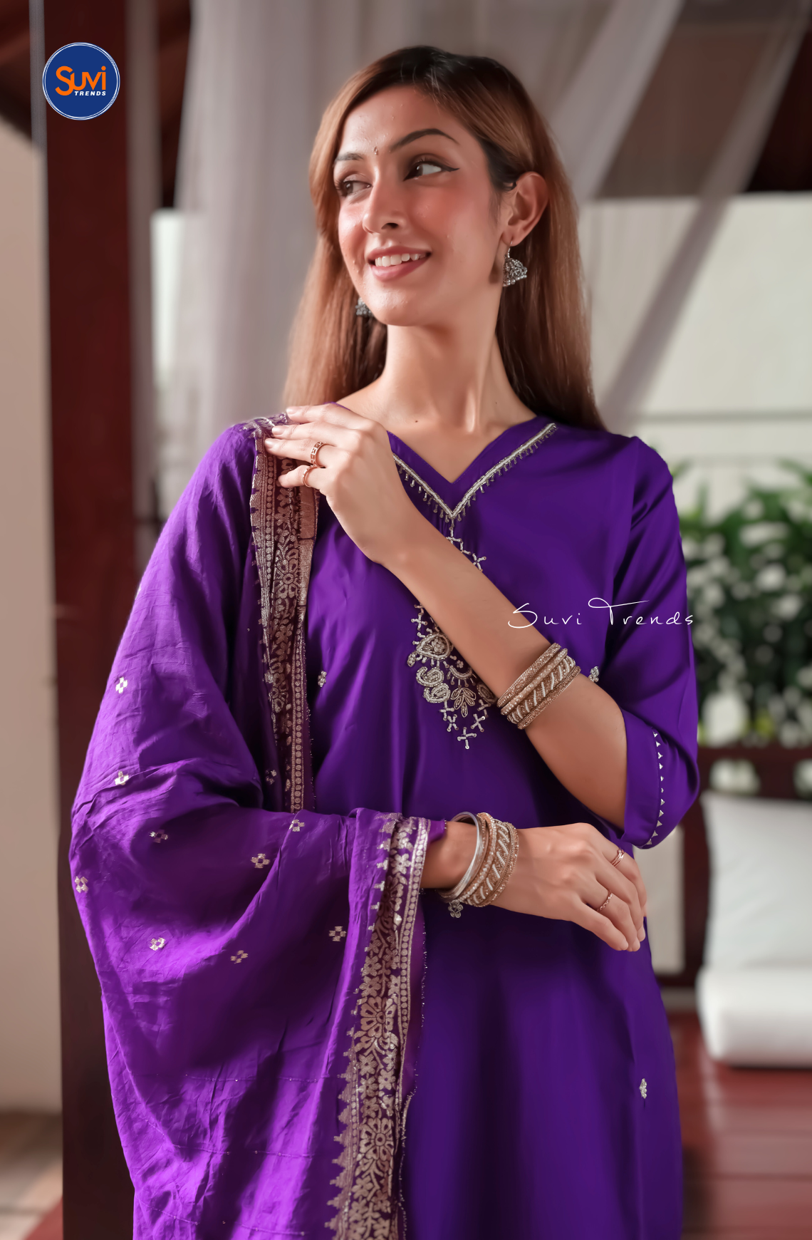 Embroidered Suit Set with Bead Work - Purple