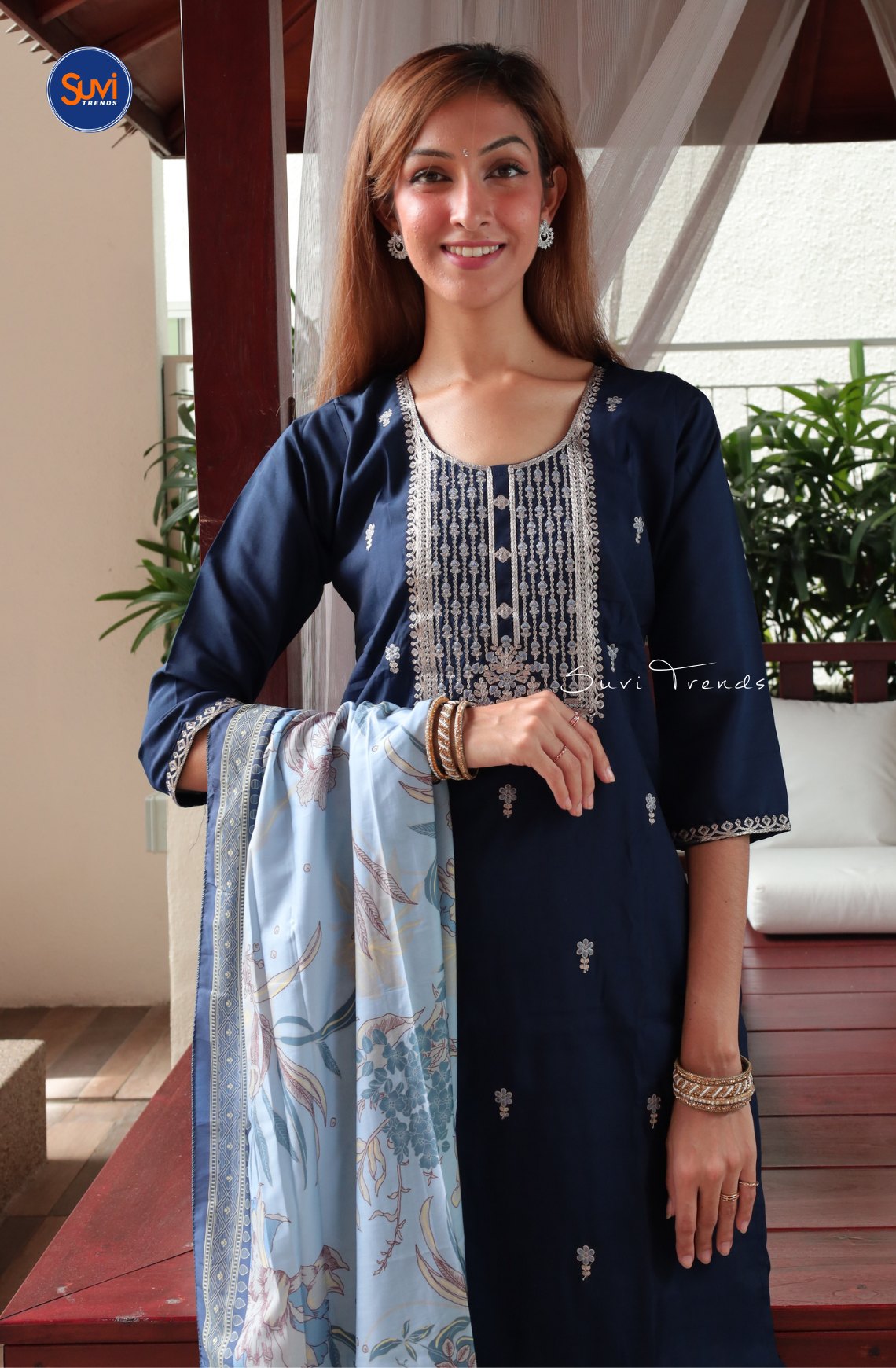 Embroidered Suit Set with Butta Work - Navy Blue
