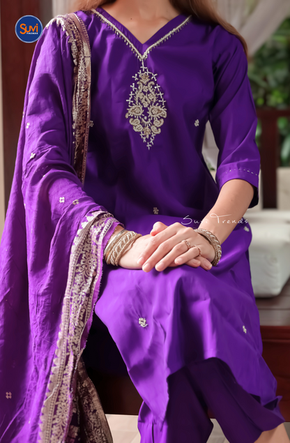 Embroidered Suit Set with Bead Work - Purple