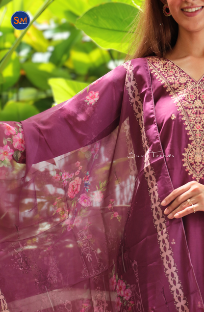 Embroidered Suit Set with Organza Dupatta - Wine
