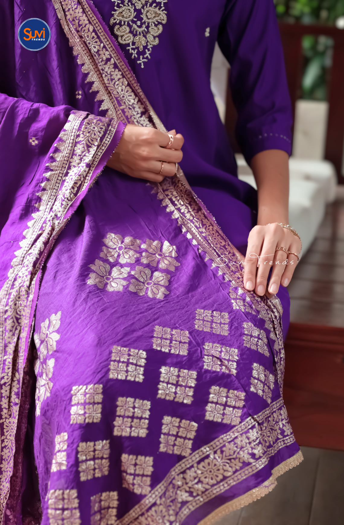 Embroidered Suit Set with Bead Work - Purple