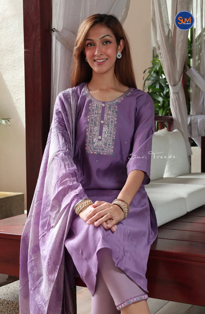 Embroidered Suit Set with Dupatta - Purple