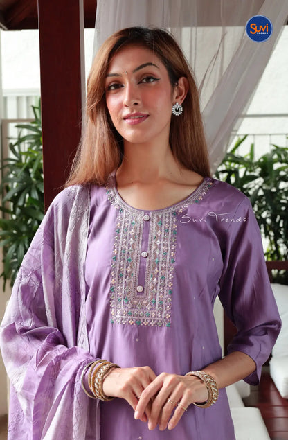Embroidered Suit Set with Dupatta - Purple