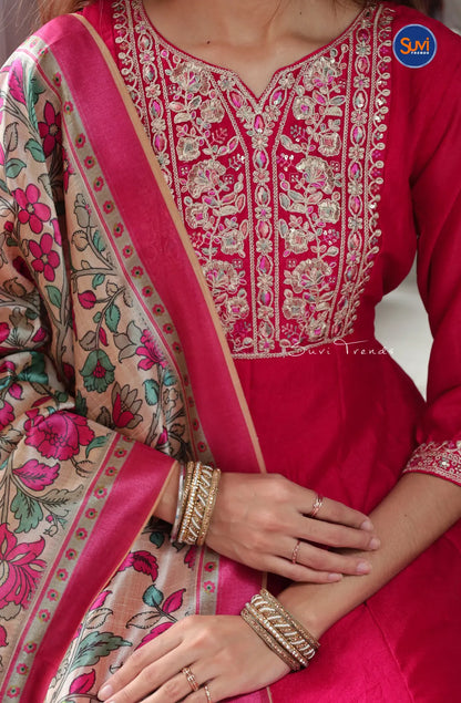 Premium Embroidered Kurta with Dupatta - Red