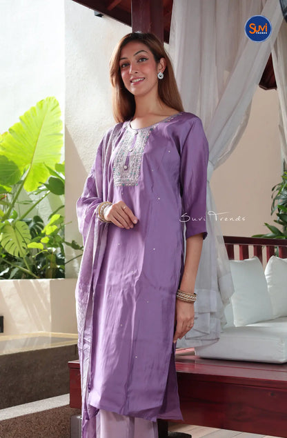 Embroidered Suit Set with Dupatta - Purple