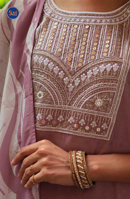 Embroidered Suit Set with Sequence Work - Lavender