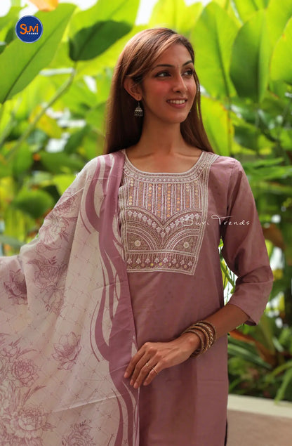Embroidered Suit Set with Sequence Work - Lavender