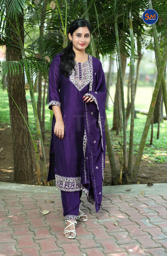 Embroidery Suit Set with Polka Dot - Purple